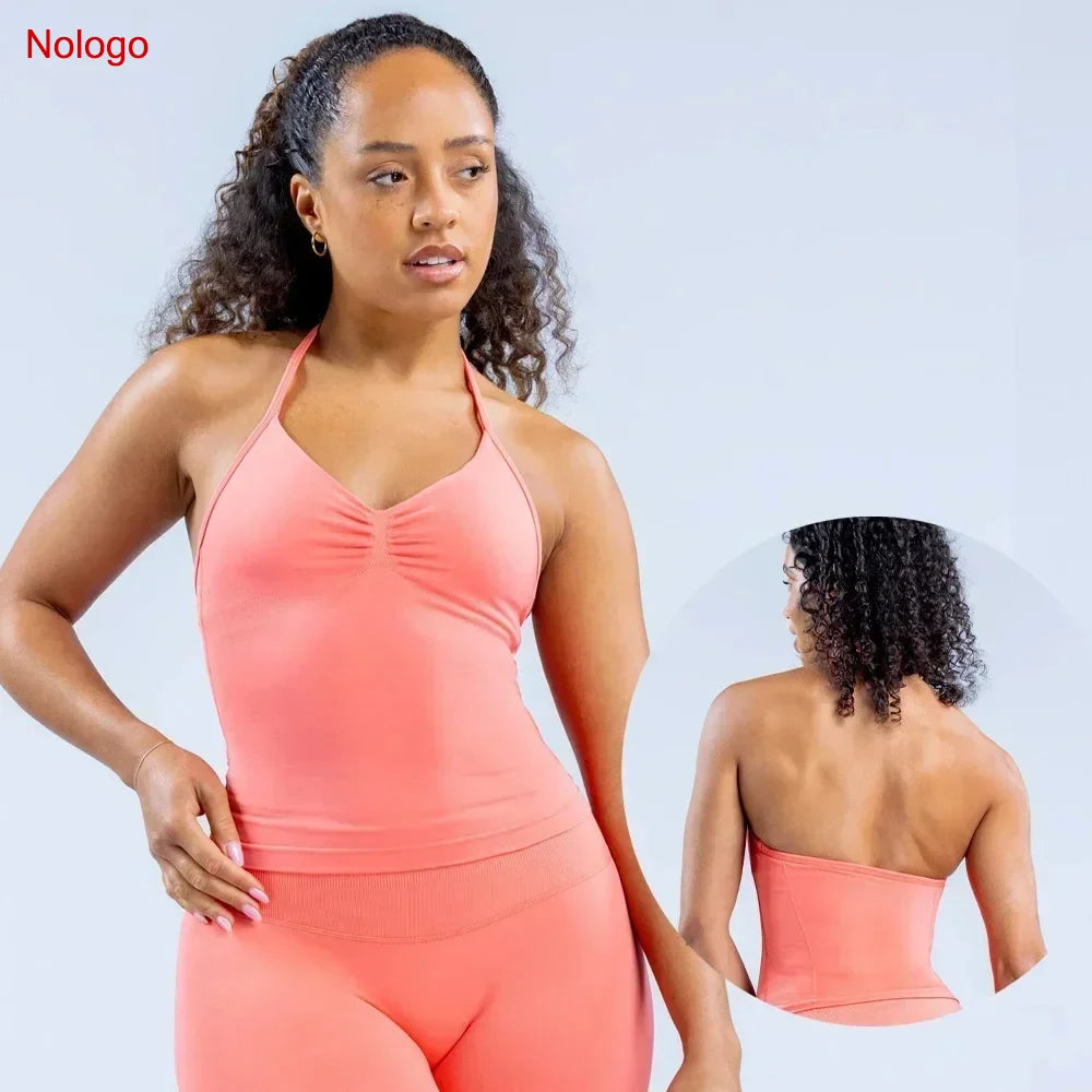 Impact Longline Strappy Top Women Seamless Yoga Tank Tops Ruched Backless Gym Clothes Workout Sleeveless Shirts With Buit In Bra