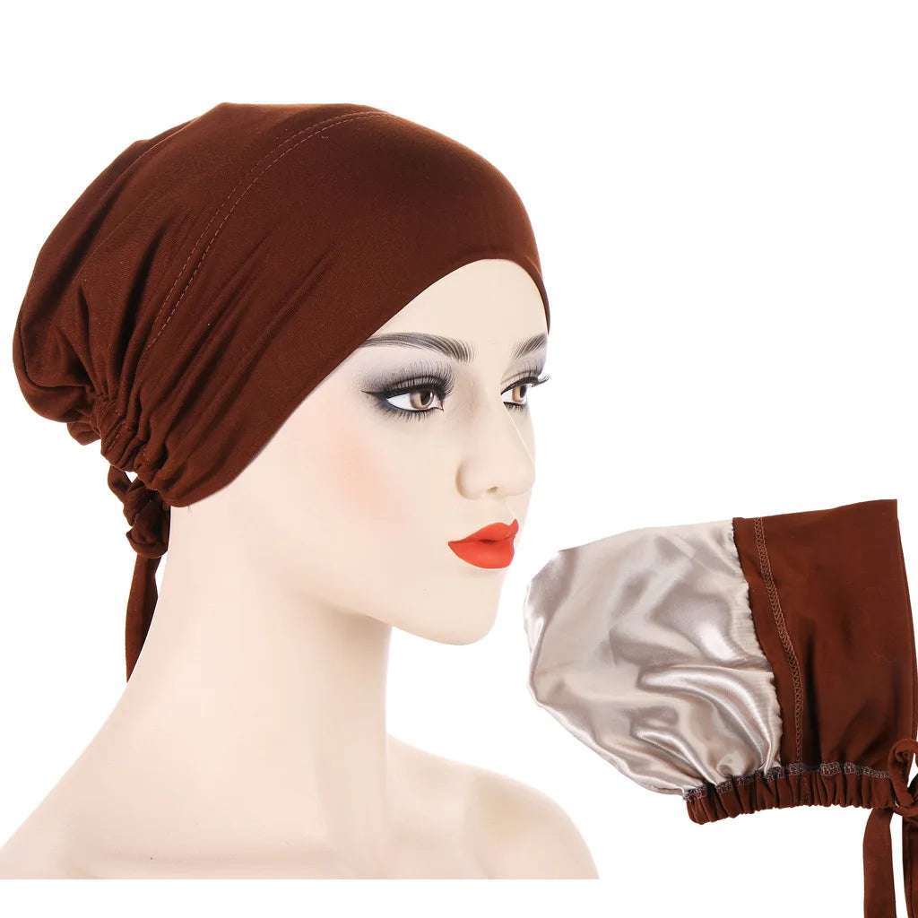 Double Layer Satin Hijab Cap for Women, Islam Undercap with Tie Bonnet, Instant Hijabs, Turkish Scarves, Muslim Turban, Bandana