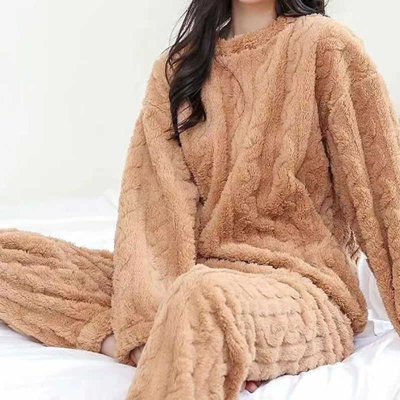 Autumn Women Solid Warm  Thicken Velvet Ribbed Fleece Set Pullover And Pants Women Casual Pajama Sets 2024