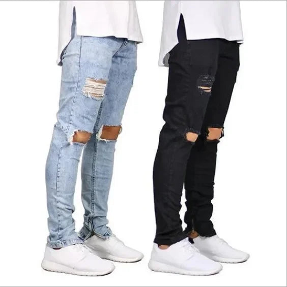European and American High Street Men's Fashion Ripped Jeans with Zipper At The Ankle, Slim-fit, Spring and Summer Style.