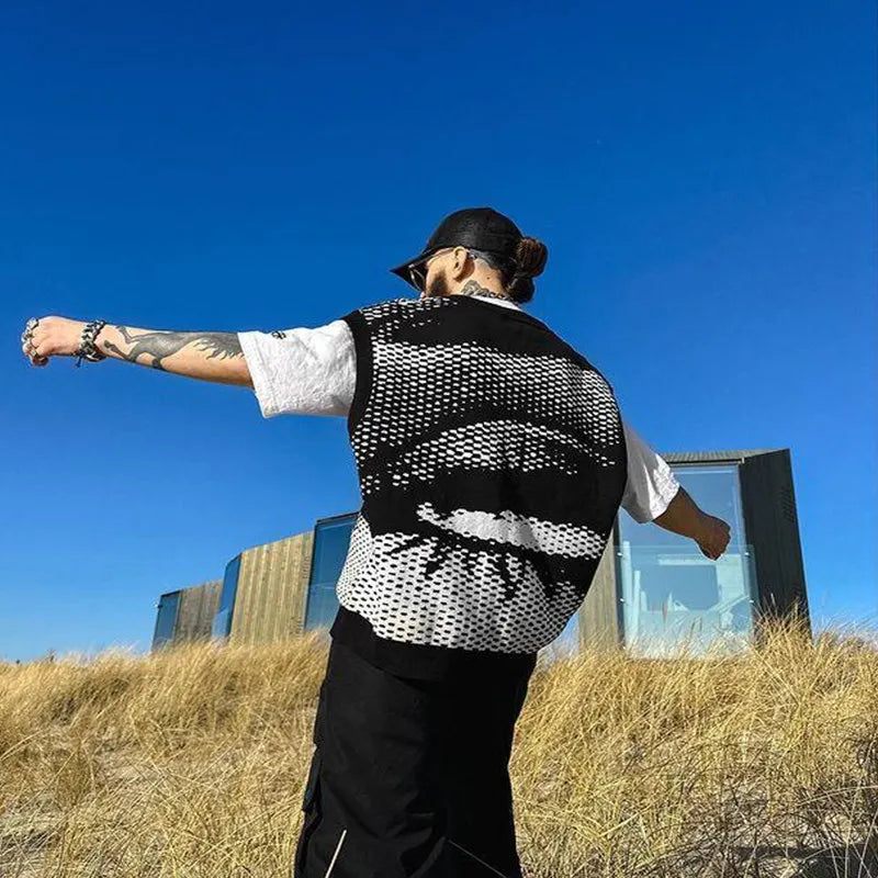 Aesthetic Knitted Tank Top Men 2023 Winter V-Neck Sleeveless Vest Goth Jacquard High Quality Y2K Knitwear Sweaters Women Clothes