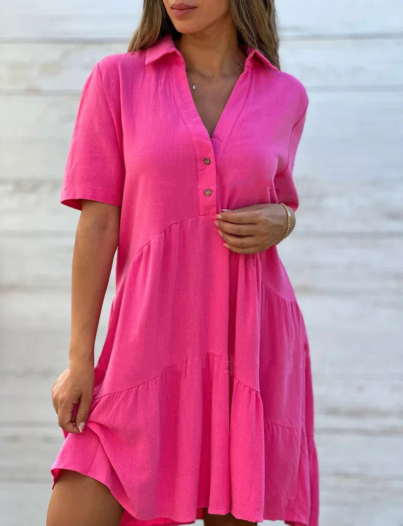 Fashion Short Sleeve White Cotton Linen Dress Women 2024 Summer Loose Casual Buttons Comfortable Dresses For Women Robe Femme