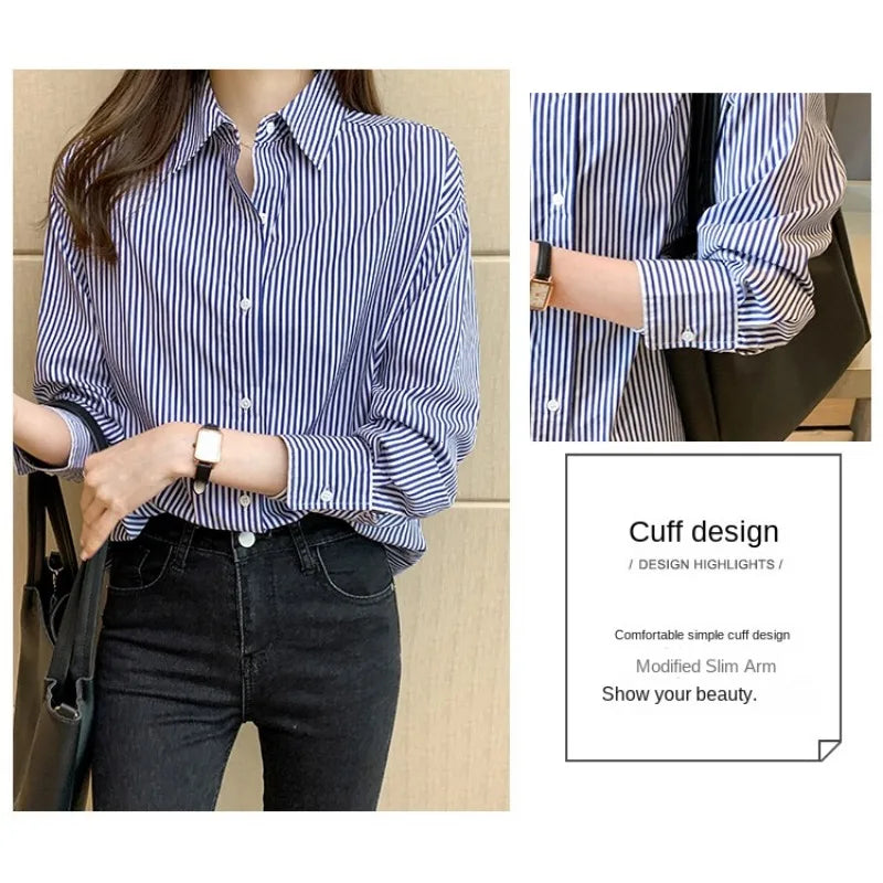 Korean Loose Shirt Classic Striped Woman Spring Autumn Blouses Shirt Lady Long Lantern Sleeve Stand Collar Loose Blusas Tops
