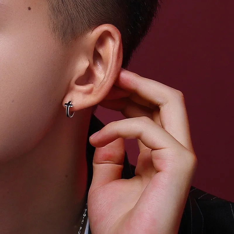 2024 New Rhinestones Cross Earrings for Men Personality Hip-Hop Pair Stainless Steel Stud Earrings Male Women's Party Jewelry