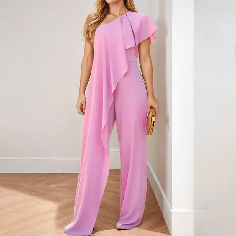 2025 New Women's Jumpsuit Asymmetrical Off-shoulder Pink Earrings Fashion Elegant Party Bodysuit for Female