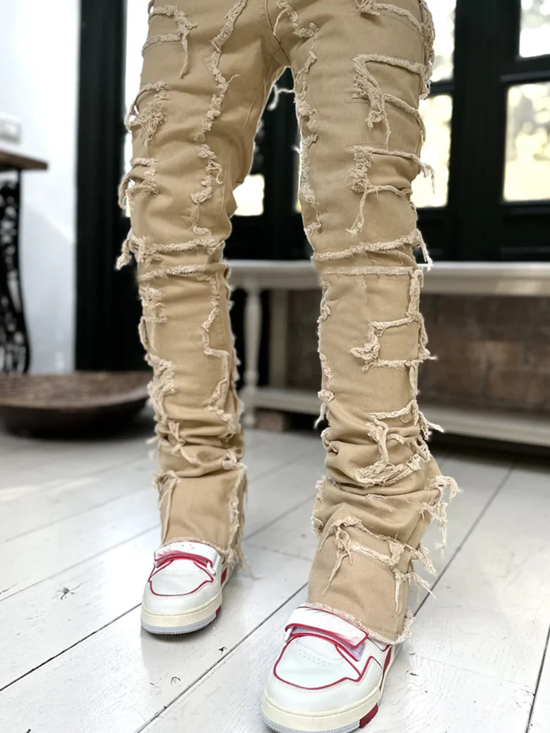 New European Camo Pants Men High Street Slim Fit Stretch Patched Denim Ripped Male's Stacked Jeans Men's camouflage jeans