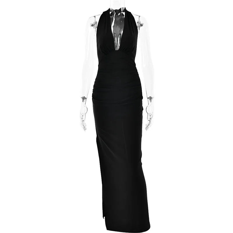 Mozision Halter Deep V Neck Backless Sexy Maxi Dress For Women Fashion Solid Sleeveless Bodycon Club Party Evening Long Dress