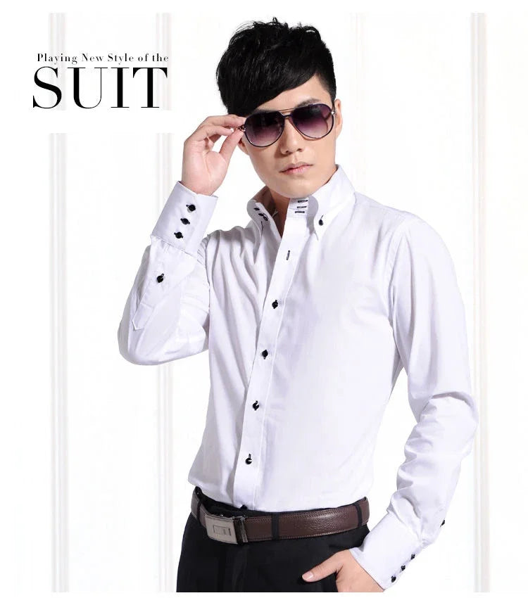 Dress Shirt for Men Button-down Collared Formal Business Long Sleeve Casual Korean Fashion Slim Fit Male Designer Shirts White
