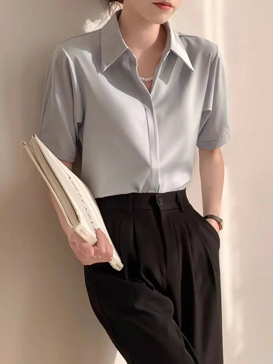Summer Women's Blouse Casual Loose Short Sleeve Ladies' Shirt Fashion White Pullover Button Up Female Clothing Elegant Waman Top