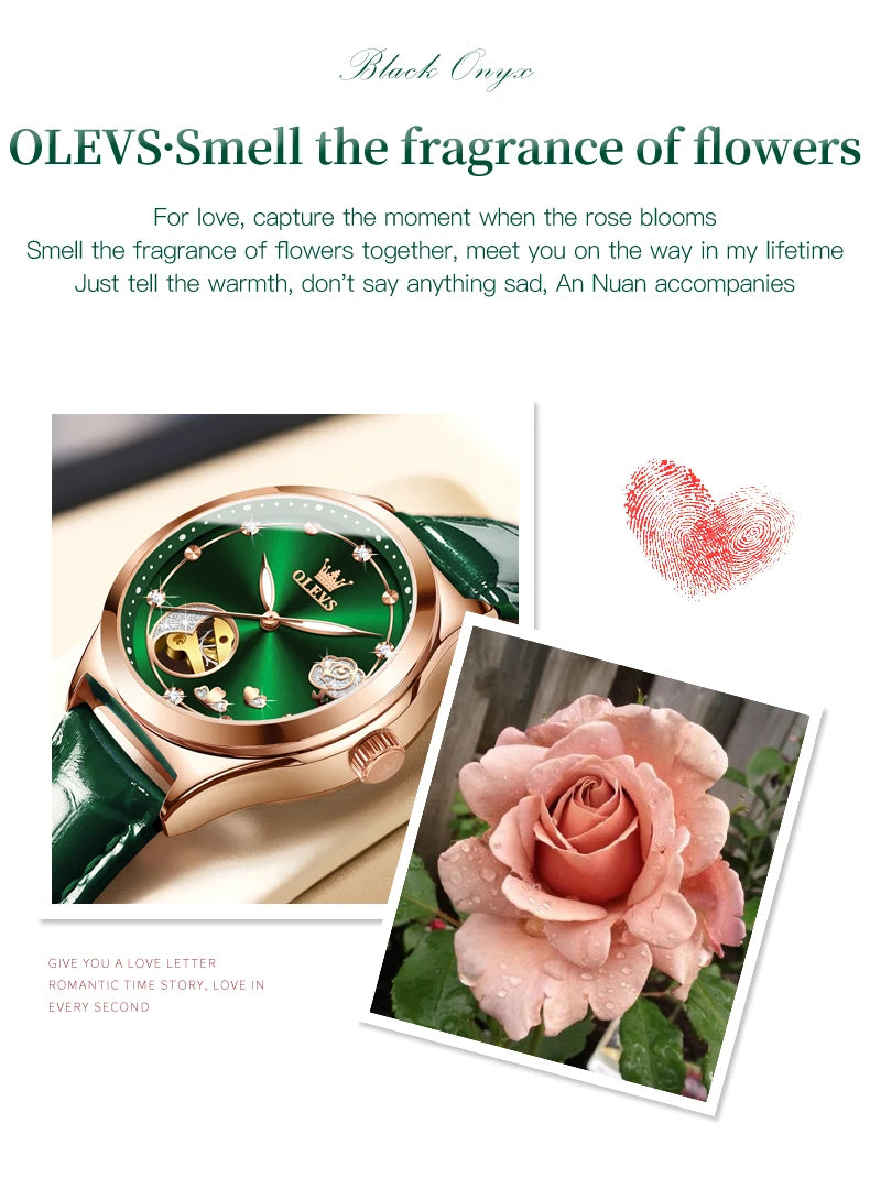 OLEVS Luxury Brand Women Mechanical Watch Leather Strap Waterproof Simple Fashion Ladies Automatic Wristwatch Relojes Para Mujer
