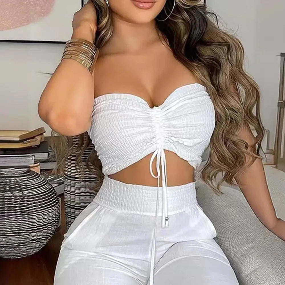 Sexy Women's 2-piece Sets Suit Spring Summer White Waistless Slim-fitting Bandeau Wide-leg Trousers Fashion Suit Women Clothing