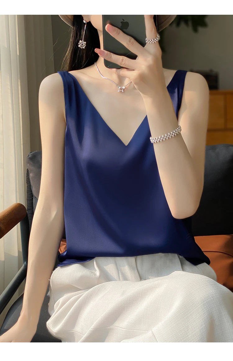 2024 New Silk Satin Women's Tank Top Basic V-neck Multi Color White Black Women's Sleeveless Top Summer Sexy Bottom