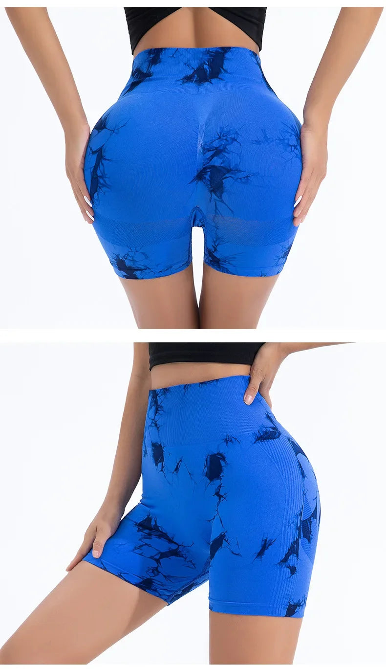 High Waist Yoga Shorts Women Seamless Push Up Shorts Gym Workout Running Shorts Tie Dye  Fashion Knit Slim Three Point Pants