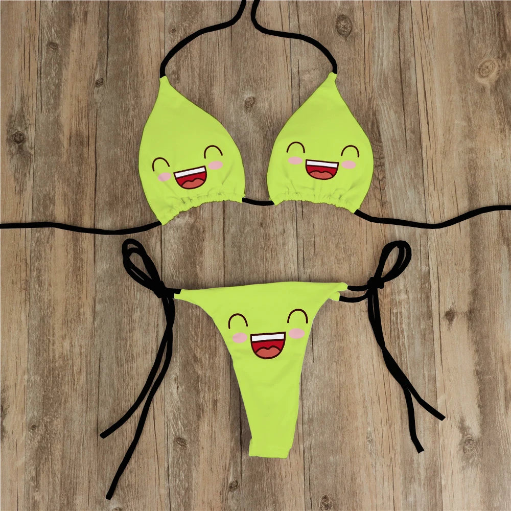 Sexy Bikini Set Yellow Swimsuit Cartoon Print  Fashion Sweet Women's Bra Swimsuit Deep V Summer Beachwear Party Bikini suit