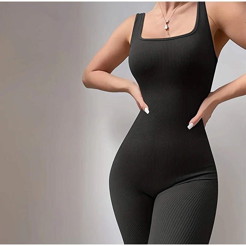 Women Workout Seamless Jumpsuit Yoga Ribbed Bodycon One Piece Square Neck Leggings Romper