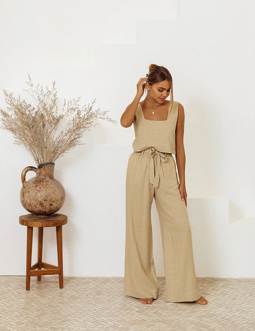 Women Casual Solid Color Suit Sweet 2 piece Set Sleeveless Vest Wide Leg Pants Cotton And Linen Sets Suumer Fashion Women's Wear