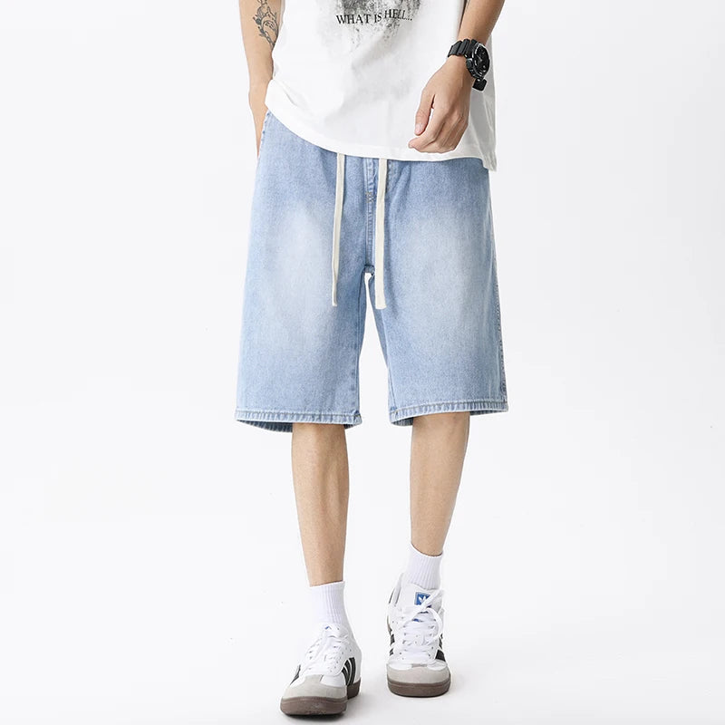 Casual Denim Shorts Men Elastic Waist Straight Comfortable Light Blue Soft Short Pants Baggy Wide Bermuda Male Jeans