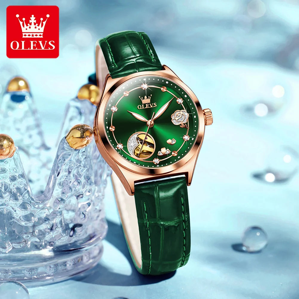 OLEVS Luxury Brand Women Mechanical Watch Leather Strap Waterproof Simple Fashion Ladies Automatic Wristwatch Relojes Para Mujer