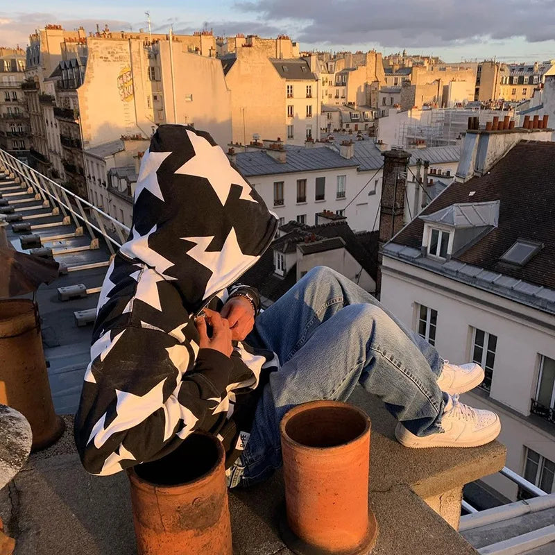 y2k Sweatshirt Men Star Print Long Sleeve Hooded Tops 2000s Aesthetic Clothes Zip Up Streetwear Fairycore Grunge Jacket Fall