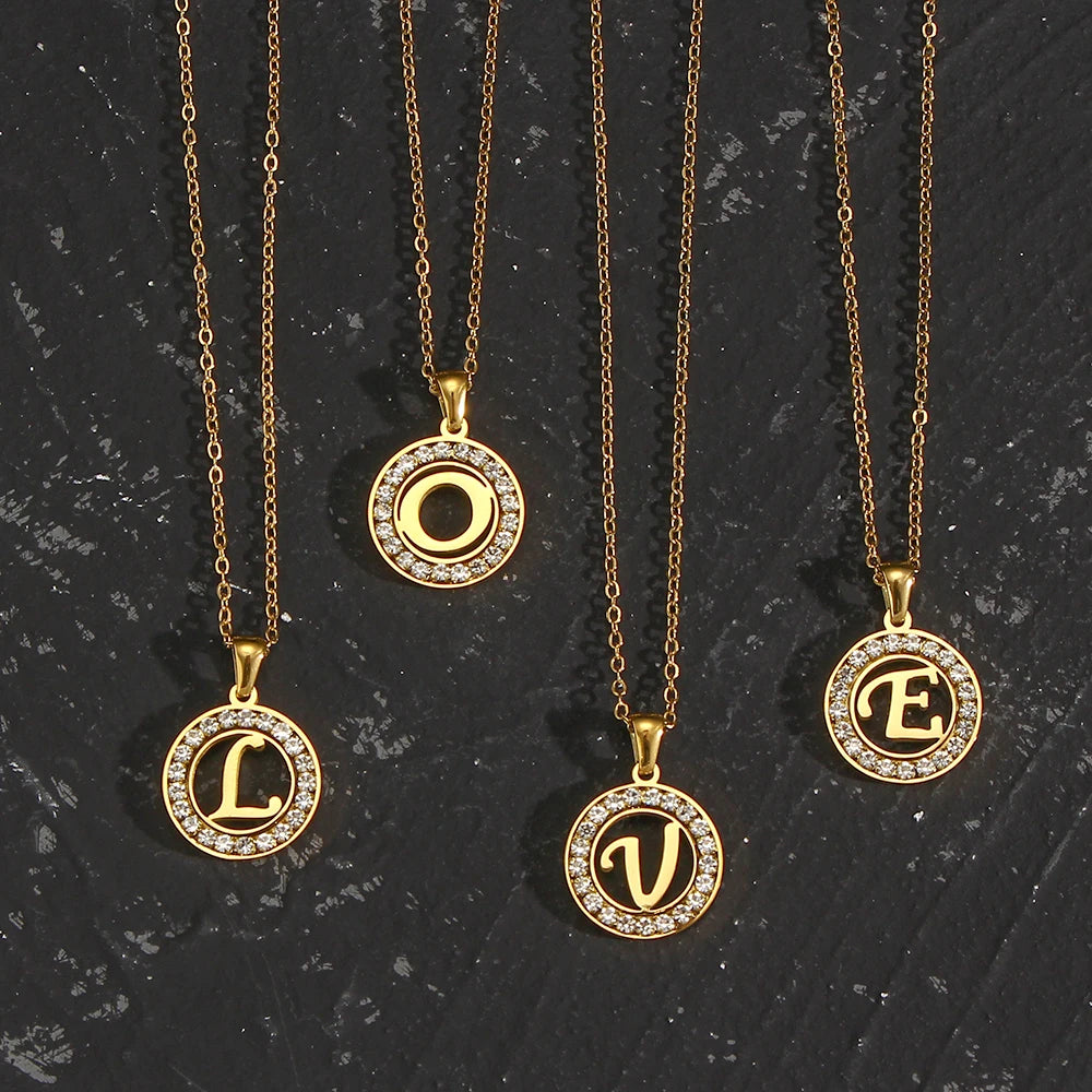 E.B.belle Hollow Round Zircon Paved 26 Alphabet Initial Necklace Ladies Elegant Birthday Gift 18K Gold Plated Letter Necklace