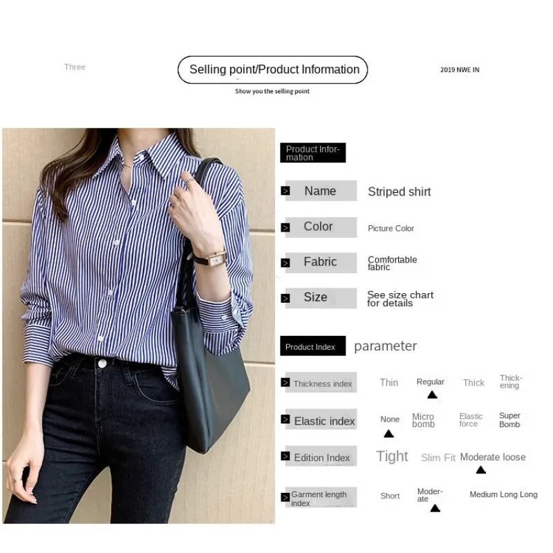 Korean Loose Shirt Classic Striped Woman Spring Autumn Blouses Shirt Lady Long Lantern Sleeve Stand Collar Loose Blusas Tops