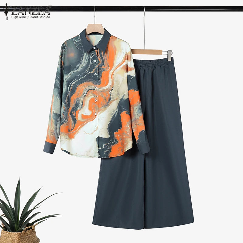 ZANZEA Fashion Women Two Pieces Sets Long Sleeve Lapel Shirt Wide Leg Pant Sets 2PCS Holiday Outfits Casual OL Work Tracksuits