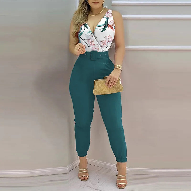 New Casual Women's Pants Women's V-neck Open Back Printed High Waist Jumpsuit Women (including Belt) Spring and Summer 2023