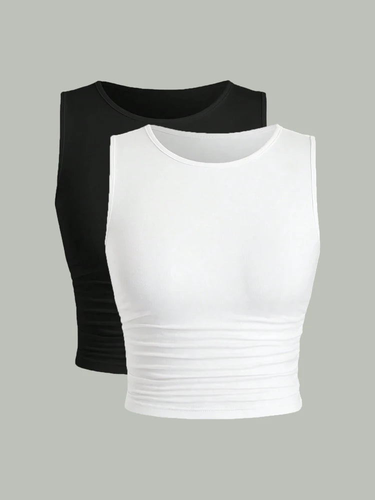 Casual Ruched Pleated Round Neck Tank Top for Women Summer 2024 Solid Color Sleeveless Basic Slim Fit Crop Top Streetwear