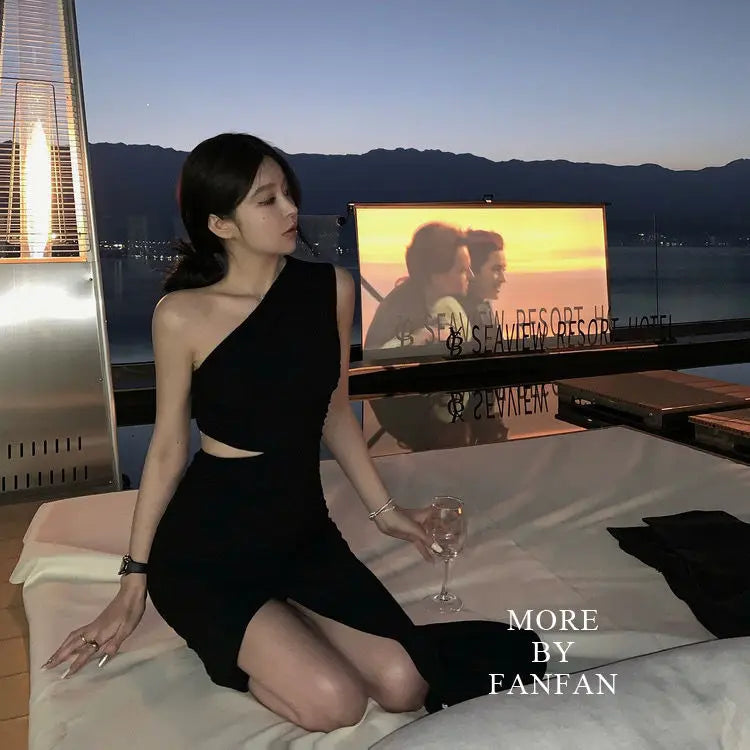 Summer New Oblique Shoulder High Waist Split Sexy Bodycon Dress Korean Elegant Women's Party Dress for Special Occasions