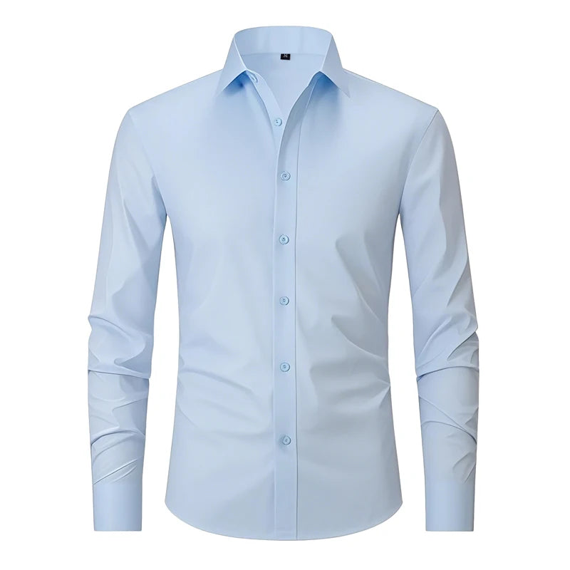 Hot New Mens Formal Shirts Long Sleeve Solid Color Anti-Wrinkle Stretch Fashion Business Free Slim Fit Office Social White Shirt
