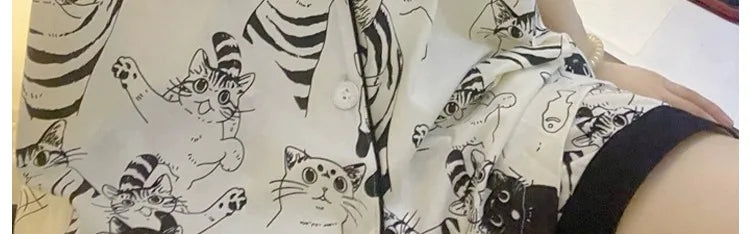 Cartoon Black Cat Cute Women Two-piece Pajamas Simulated Silk Summer Cool Short Lady Sleepwear 2024 New Classic Female Housewear
