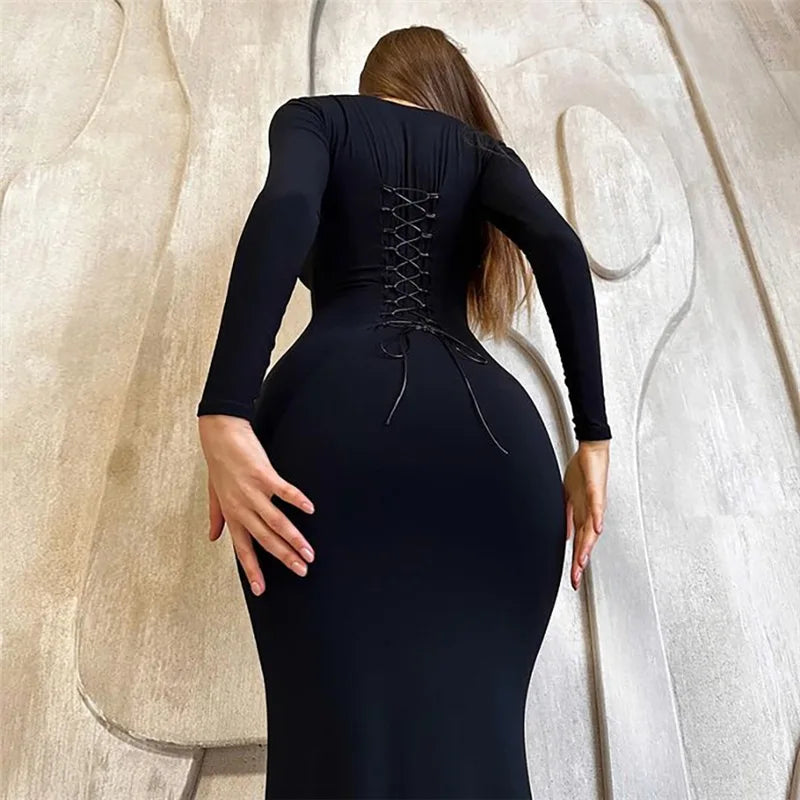 Sexy Bodycon Party Solid Color Long Dress For Women Long Sleeve Bandage Slim Dresses 2023 Autumn New Fashion Vestidos Black Robe