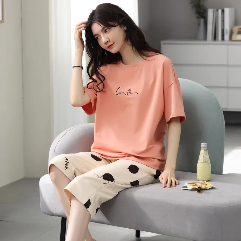 Women Sleepwear Half-Sleeve Seven-Quarter Trousers Student Nightwear Homewear Set Round Neck Cartoon Ladies Pajamas Loungewear