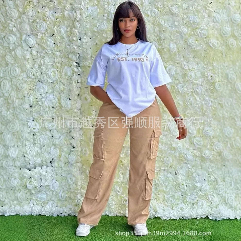 Pant Set Women Two Piece Sets Round Neck Short Sleeve Print Tops Y2k Cargo Pants Casual Loose Pockets High Waist Streetwear