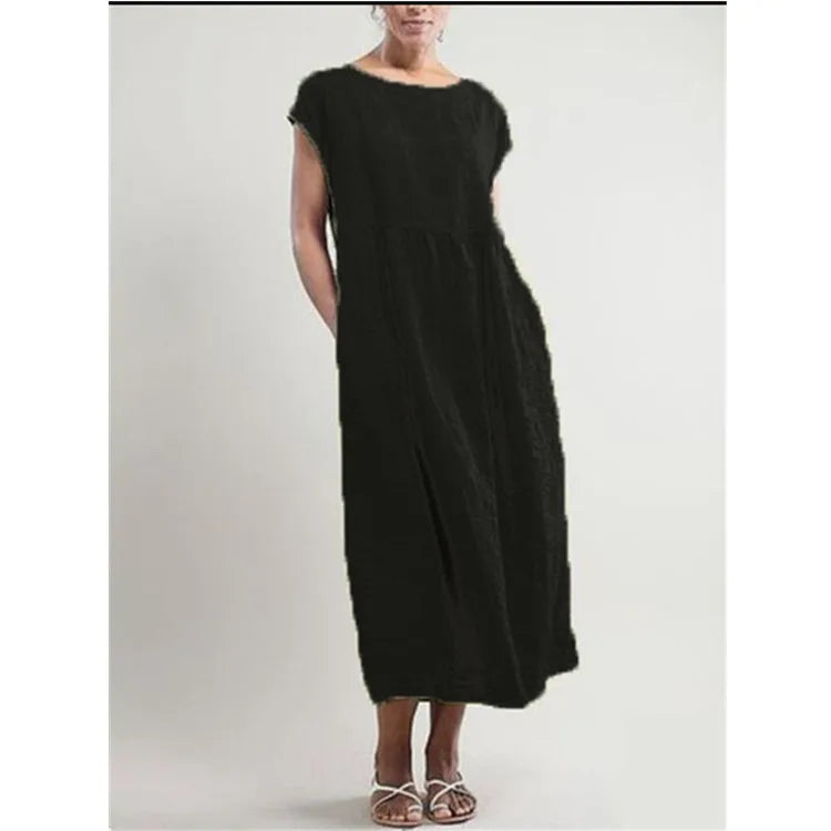 2024 Summer New Short Sleeved Women's Dress With Loose Casual Pockets Solid Color Round Neck Pullover Long And Elegant Dress