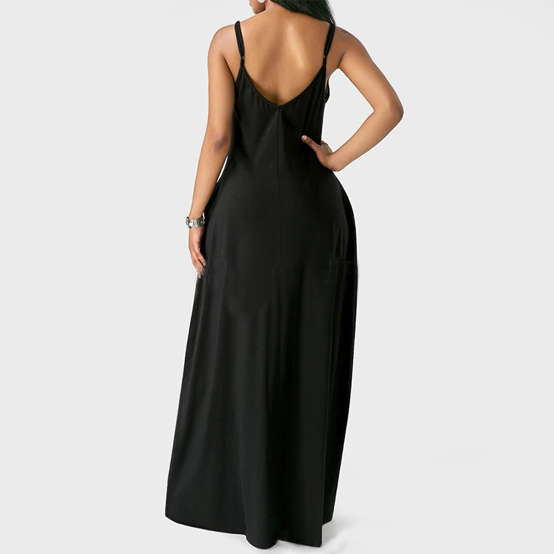 Women Pocket Long Dress Sexy V-Neck Sleeveless Loose Casual Dresses Summer Spaghetti Strap Solid Color Beach Maxi Dress S-5XL