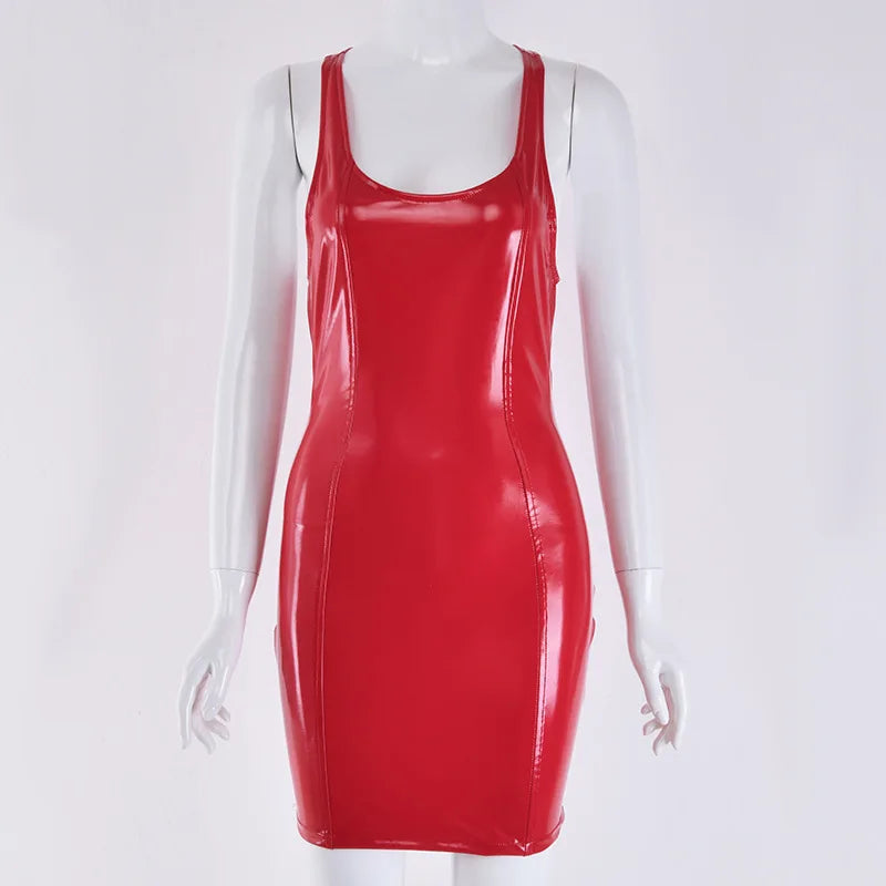 Sexy Pink PU Leather Bodycon Dress 2024 Summer Women Sleeveless Low Cut Back Zipper Elastic Mini Dress Party Club Dresses