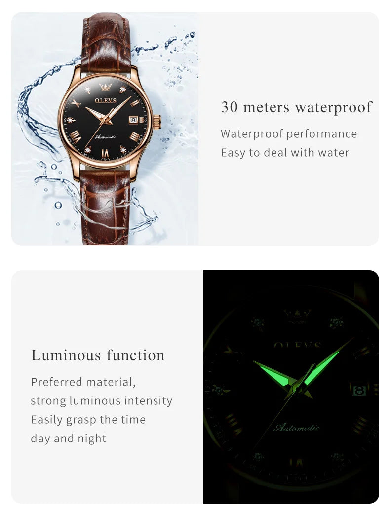 OLEVS 9932 Women's Automatic Mechanical Wristwatch Leather Strap Waterproof Dual Calendar Wristwatch Luxury Elegant Ladies Watch
