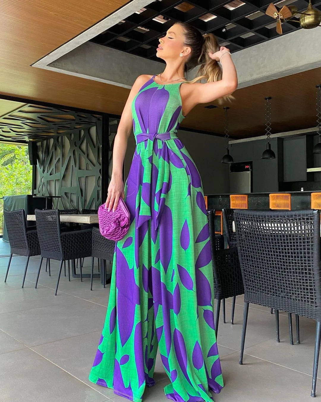 Jumpsuits Women One Piece Print Round Neck Sleeveless Casual Loose Tight Waist Overalls Wide Leg Long Pants Lace Up Rompers