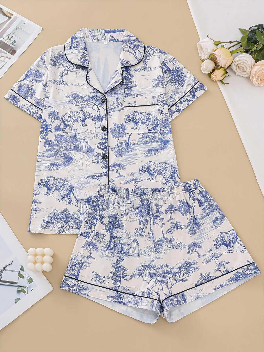 Natural animal print pajama set comfortable short-sleeved lapel top and elasticated waistband shorts women's loungewear