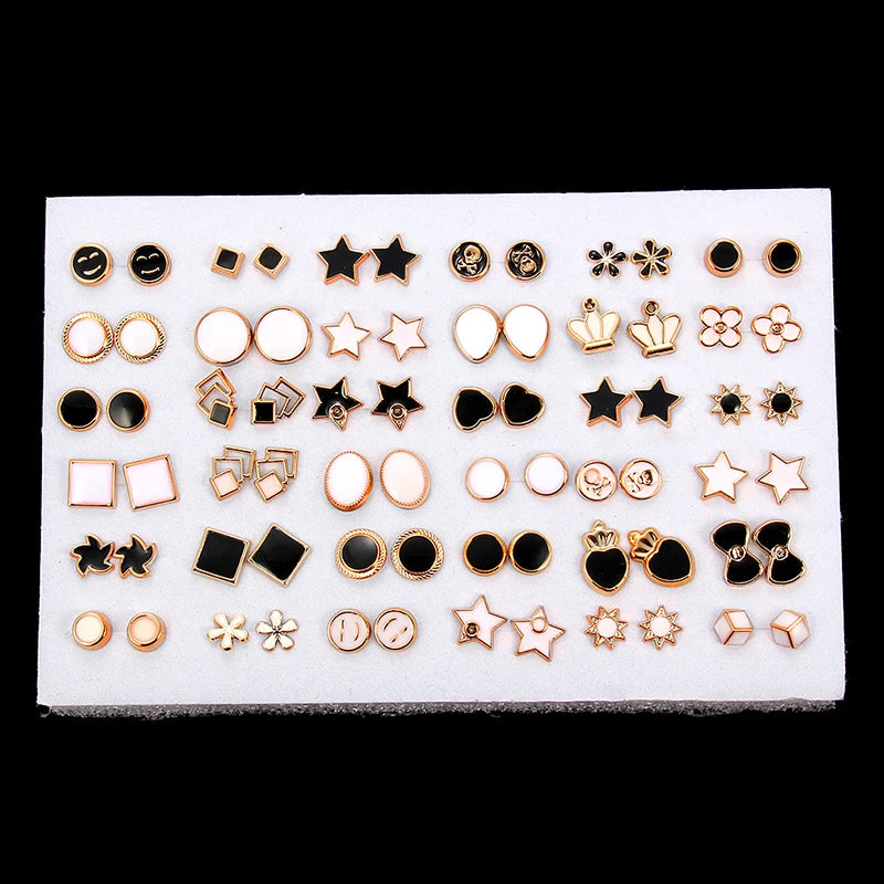 36Pairs Mixed Styles White Black Enamel Geometric Animal Plastic Stud Earrings Set For Women Girls Jewelry Gifts
