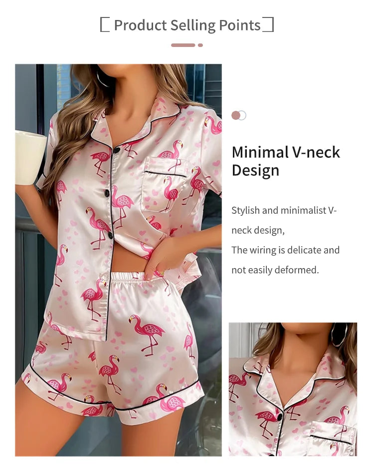 Women's Pajama Pj Set Heart Print Satin Pyjama Casual Short Sleeve Lapel Collar Tops & Pants Sleepwear & Loungewear for Adults