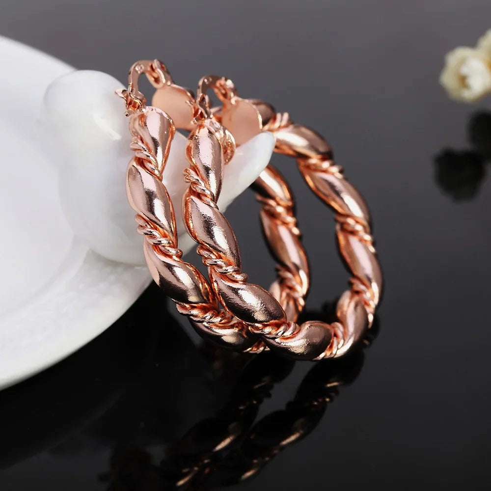 Hot 18K rose gold Rope Round big 4cm hoop earrings 925 Sterling silver Fashion Jewelry Wedding party popular Brand Holiday gifts