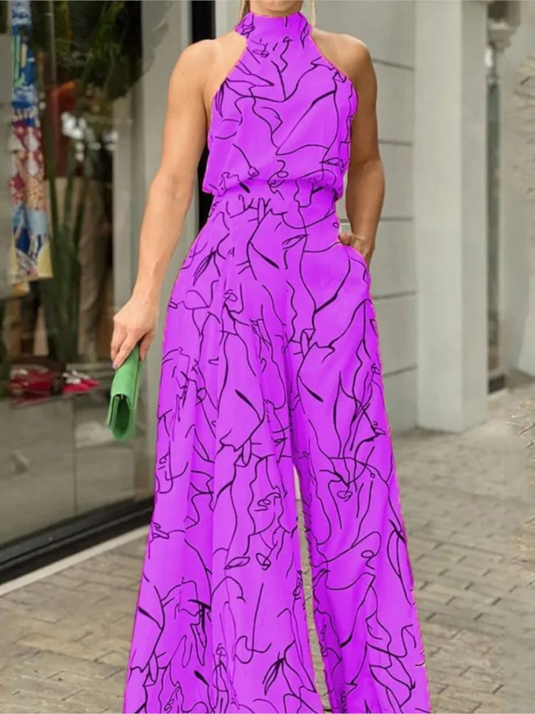 Women's New Fashion Round-neck Sexy Printed Jumpsuit Trousers Simple Sleeveless High Waist Tie Temperament Commuting Jumpsuit