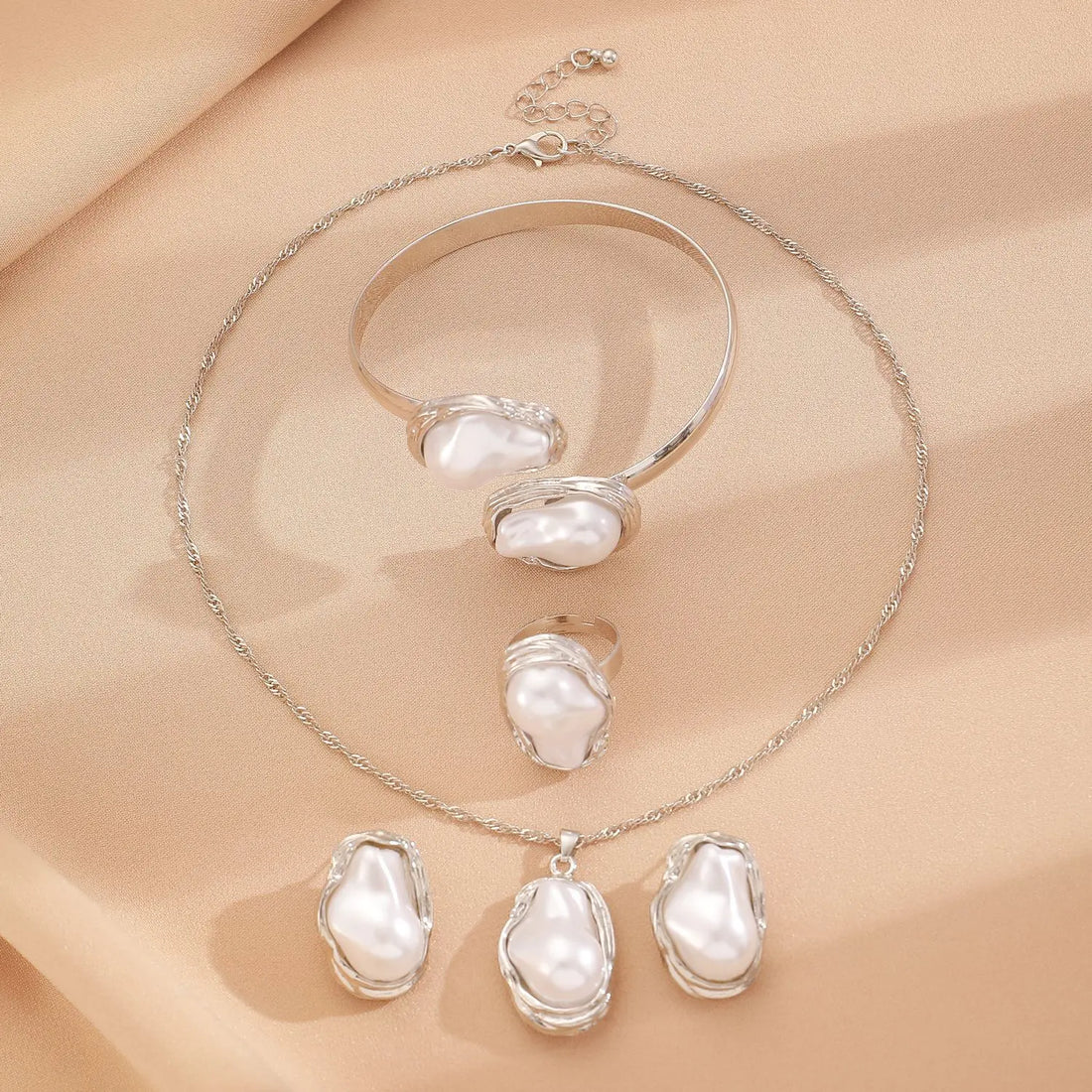Elegant Baroque Imitation Pearl Choker Necklace Bangles Ring Earrings Set Women Chunky Circle Open Torques Collar Jewelry Set