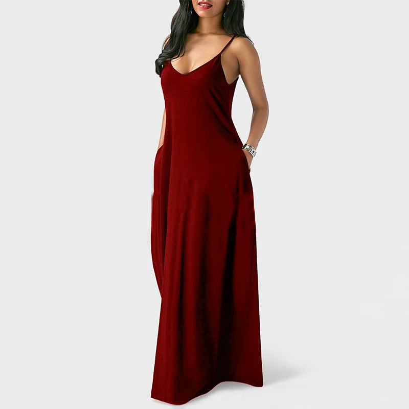 Women Pocket Long Dress Sexy V-Neck Sleeveless Loose Casual Dresses Summer Spaghetti Strap Solid Color Beach Maxi Dress S-5XL