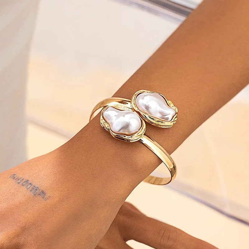 Elegant Baroque Imitation Pearl Choker Necklace Bangles Ring Earrings Set Women Chunky Circle Open Torques Collar Jewelry Set