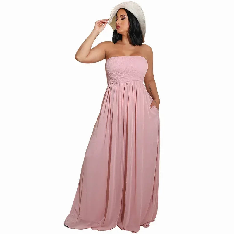 Women Strapless Sleeveless Long Loose Wide Leg Pants Overall Jumpsuits High Waist Solid Color Full Length Pants