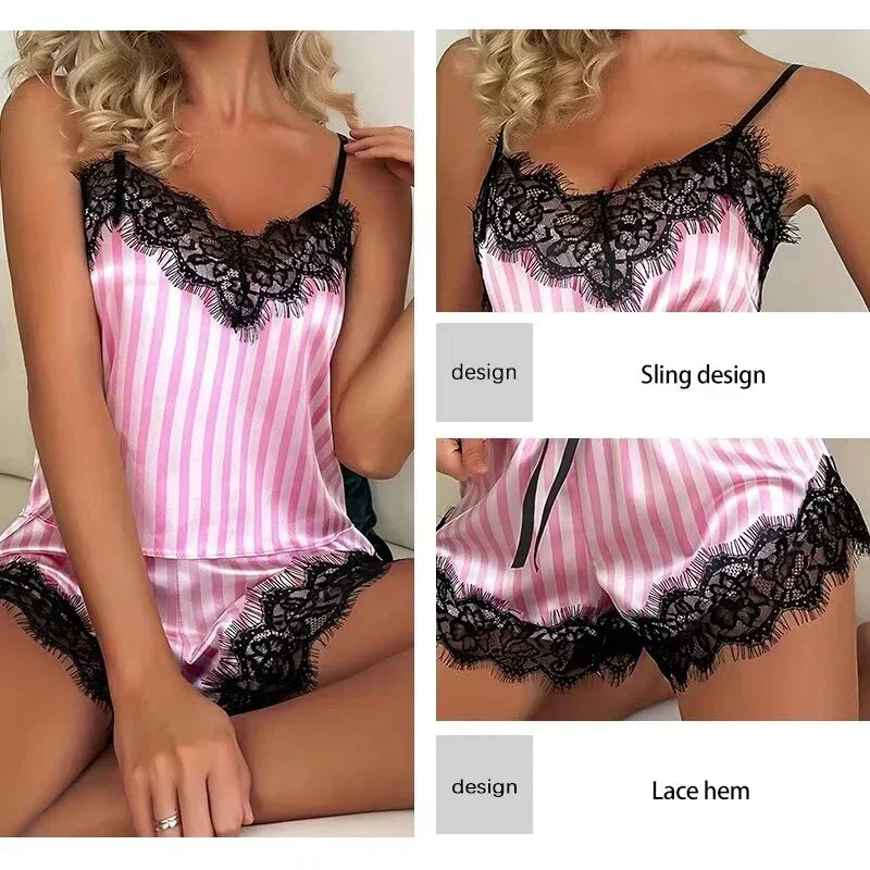 Two Piece Womens V-Neck Sexy Lace Lingerie Suspender Pajama Shorts Set Casual Woman Sleeveless Sexy Pajama Set Female Nightdress