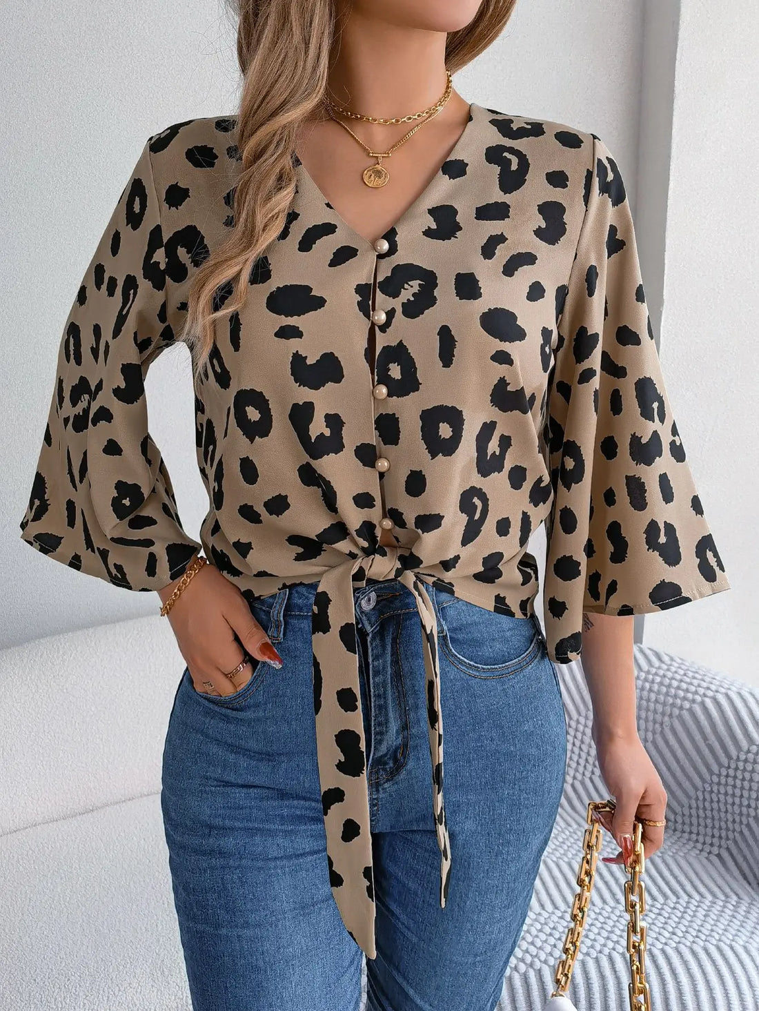Spring Summer Casual Leopard Print Middle Sleeve Tie Bow Top Women Button Shirt